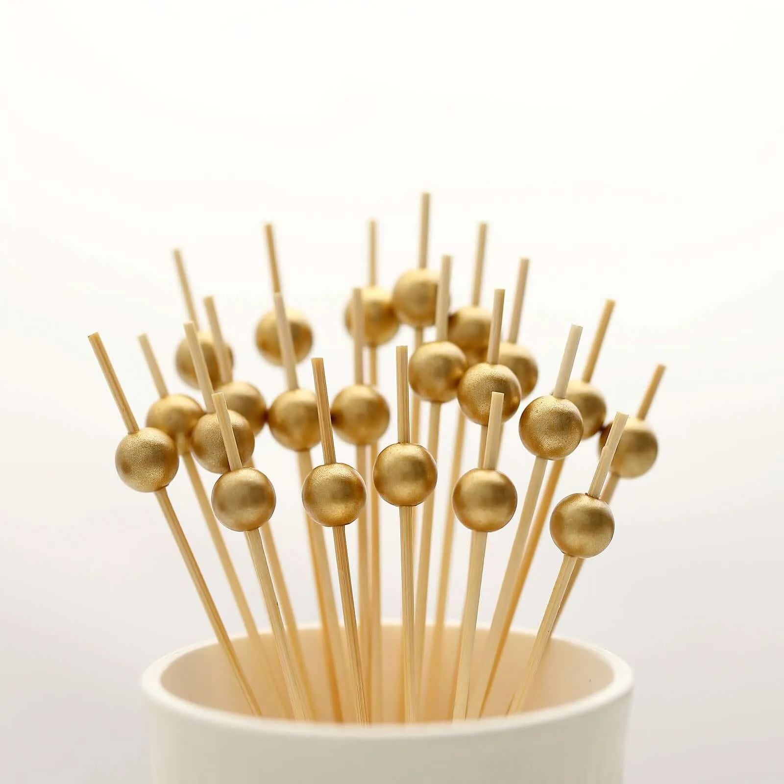 100 Pack 4.5" Gold Pearl Bamboo Skewers Cocktail Picks, Stir Sticks, Eco Friendly