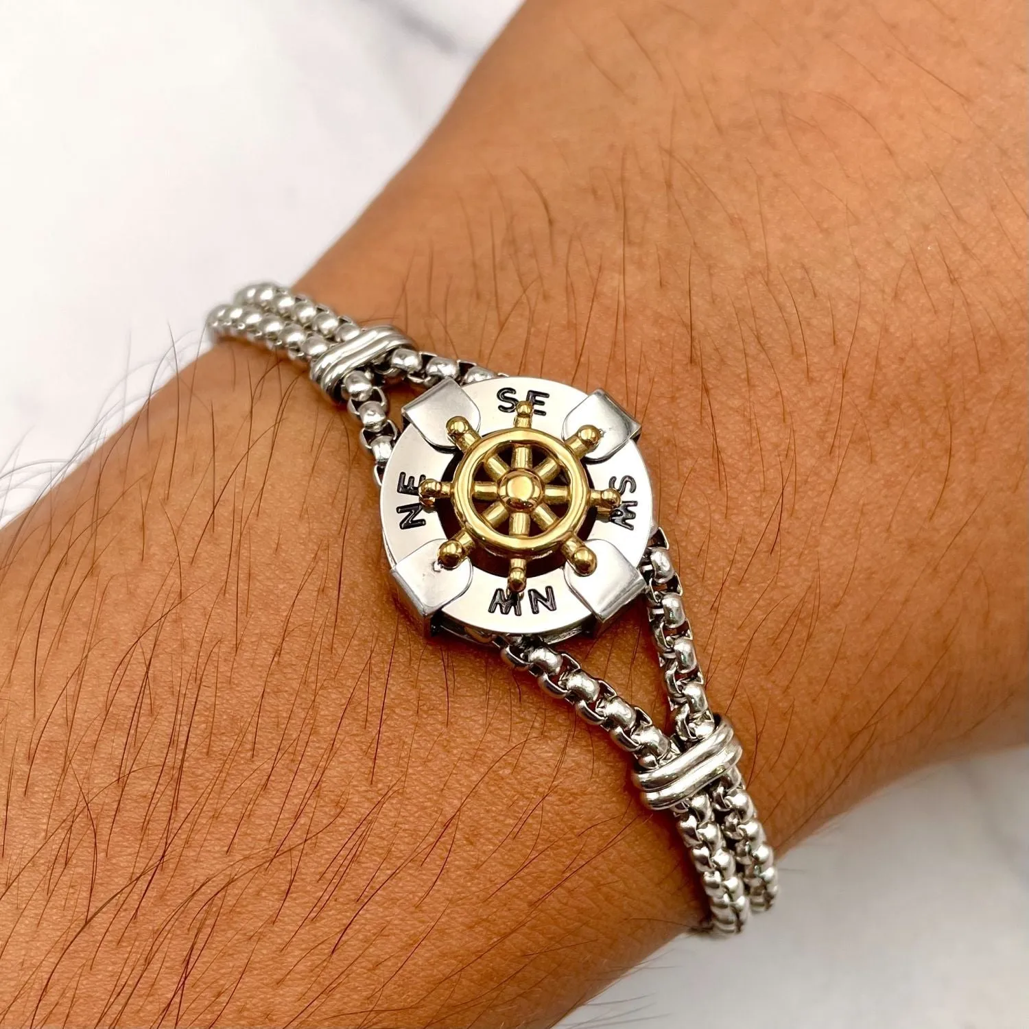 Anchor Wheels Gold Silver Enamel Stainless Steel Box Chain Bracelet For Women