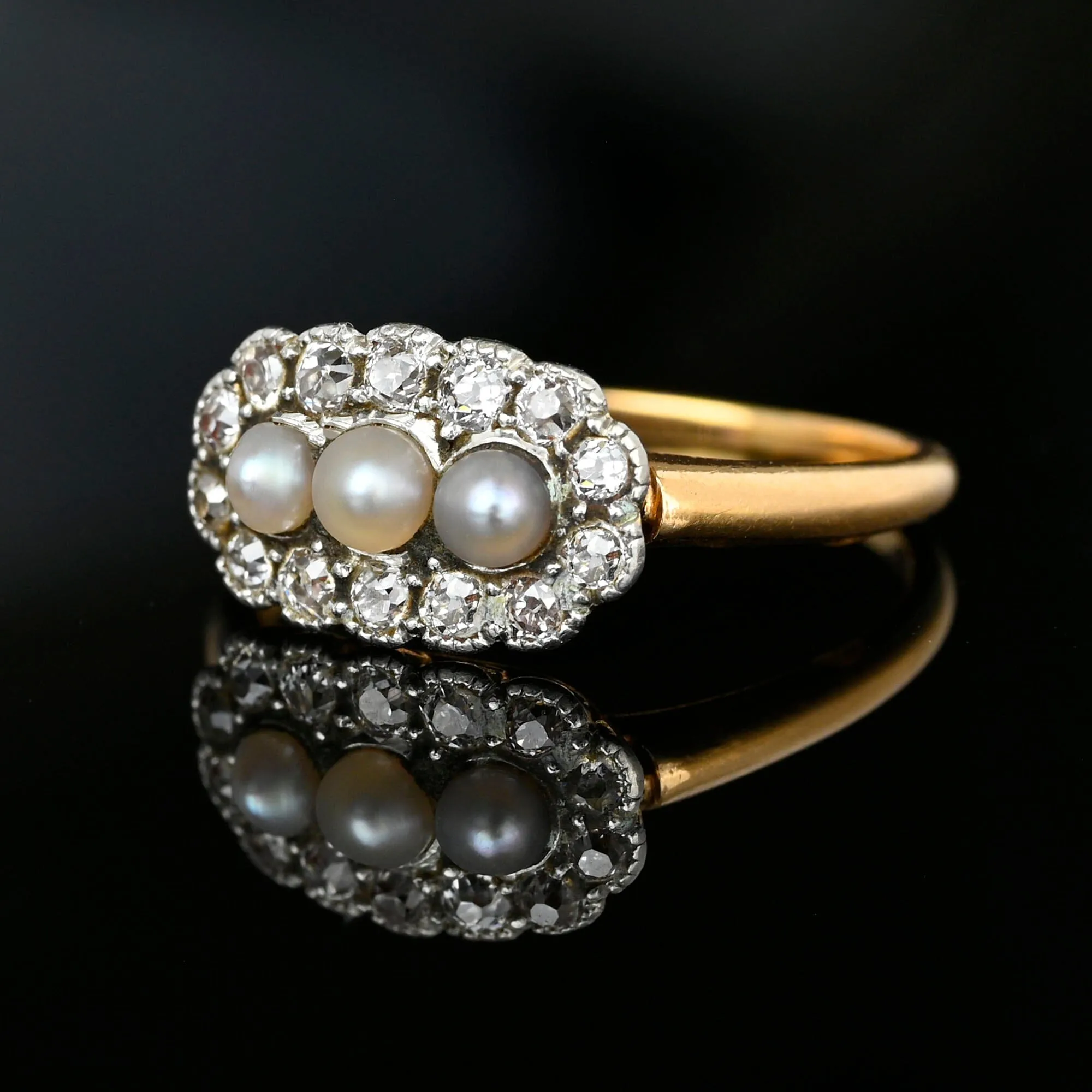 Antique Mine Cut Diamond Halo Natural Pearl Ring