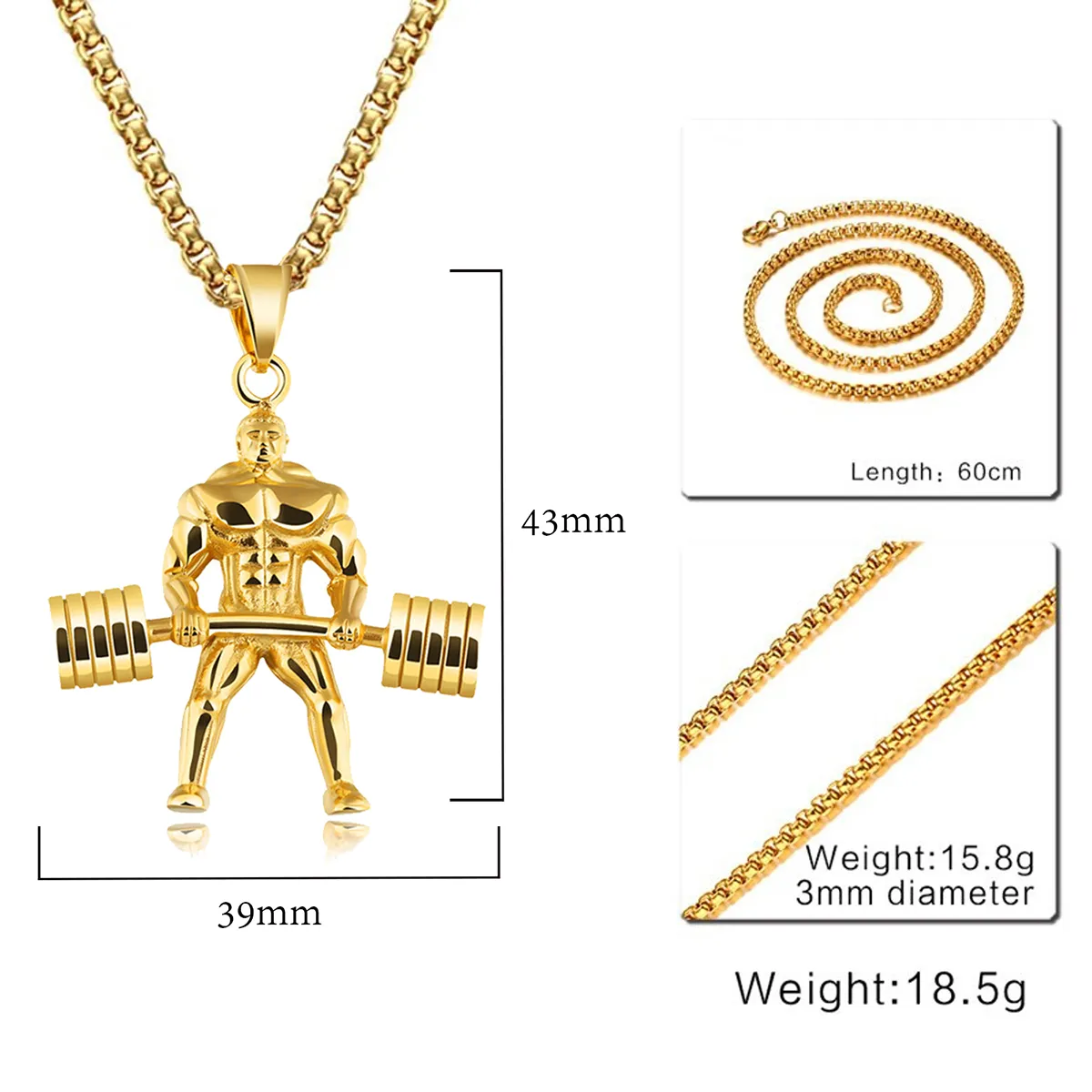 Barbell Dumbell Body Builder Weight Lifter Gold Stainless Steel Pendant Chain