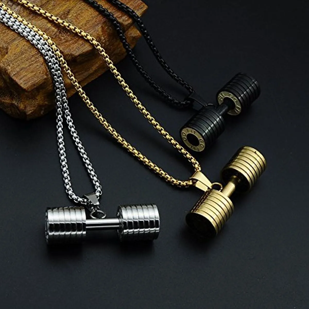 Barbell Dumbell Macho Large Heavy Black Stainless Steel Pendant Chain For Men