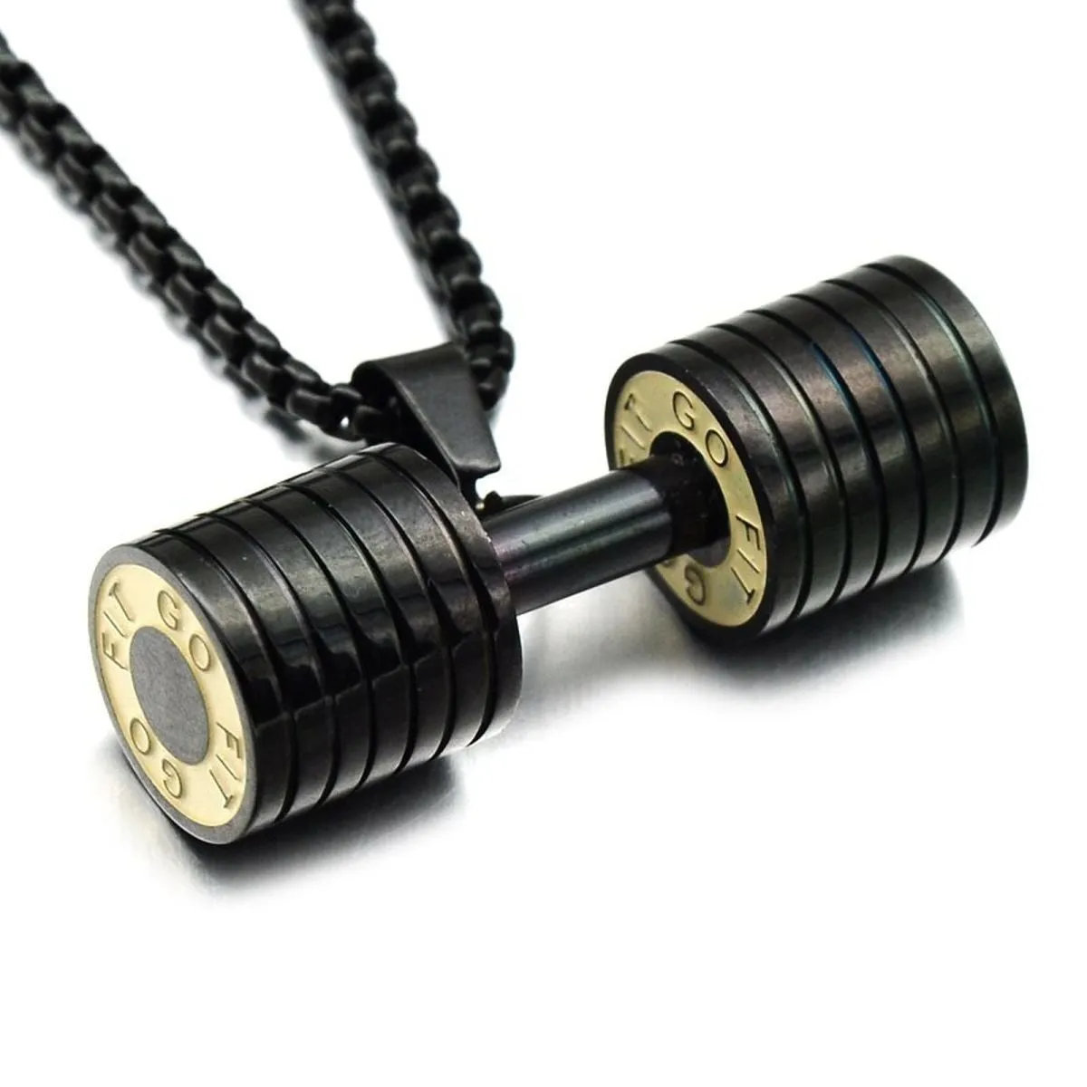 Barbell Dumbell Macho Large Heavy Black Stainless Steel Pendant Chain For Men