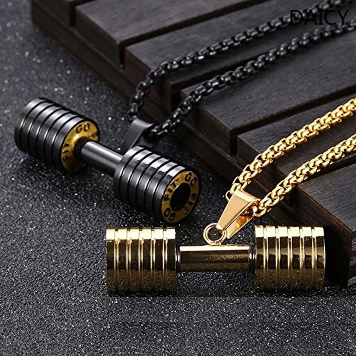 Barbell Dumbell Macho Large Heavy Black Stainless Steel Pendant Chain For Men