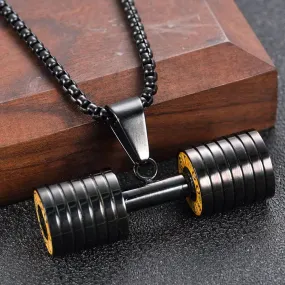 Barbell Dumbell Macho Large Heavy Black Stainless Steel Pendant Chain For Men