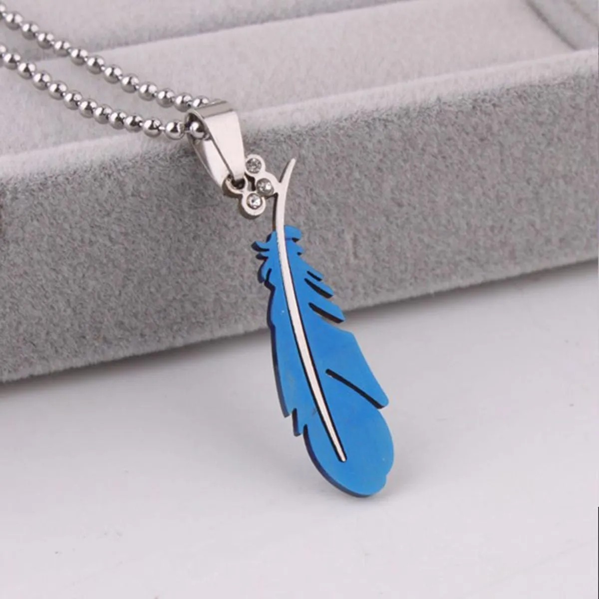 Birds Feather Rhodium Plated Cz Stainless Steel Blue Pendant Chain