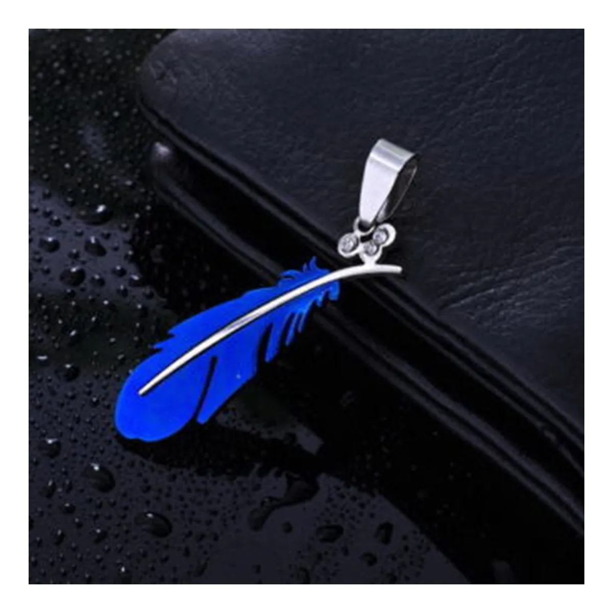 Birds Feather Rhodium Plated Cz Stainless Steel Blue Pendant Chain