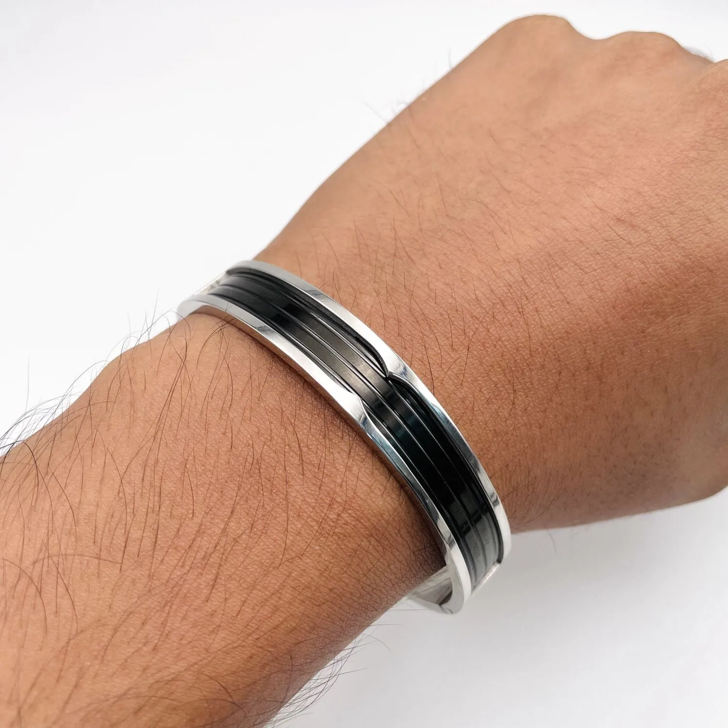 Black Silver 316L Stainless Steel Openable Bangle Bracelet For Men