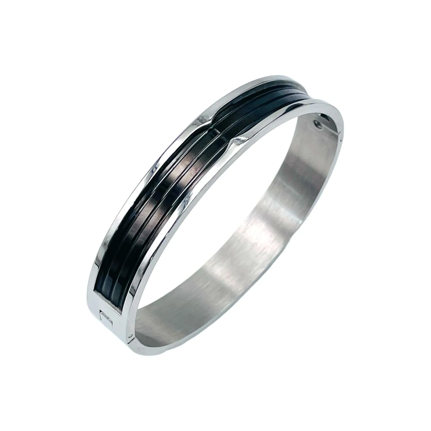 Black Silver 316L Stainless Steel Openable Bangle Bracelet For Men