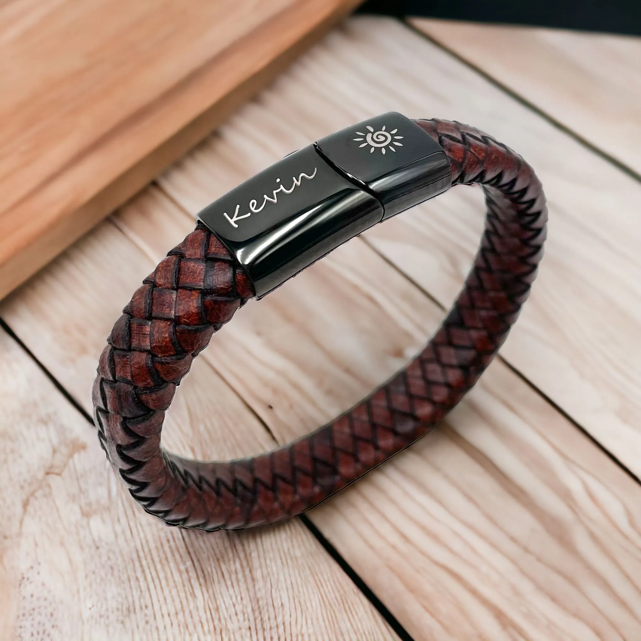 Braided Brown Leather Black Stainless Steel Wrist Band Personalized Engraved Bracelet Men