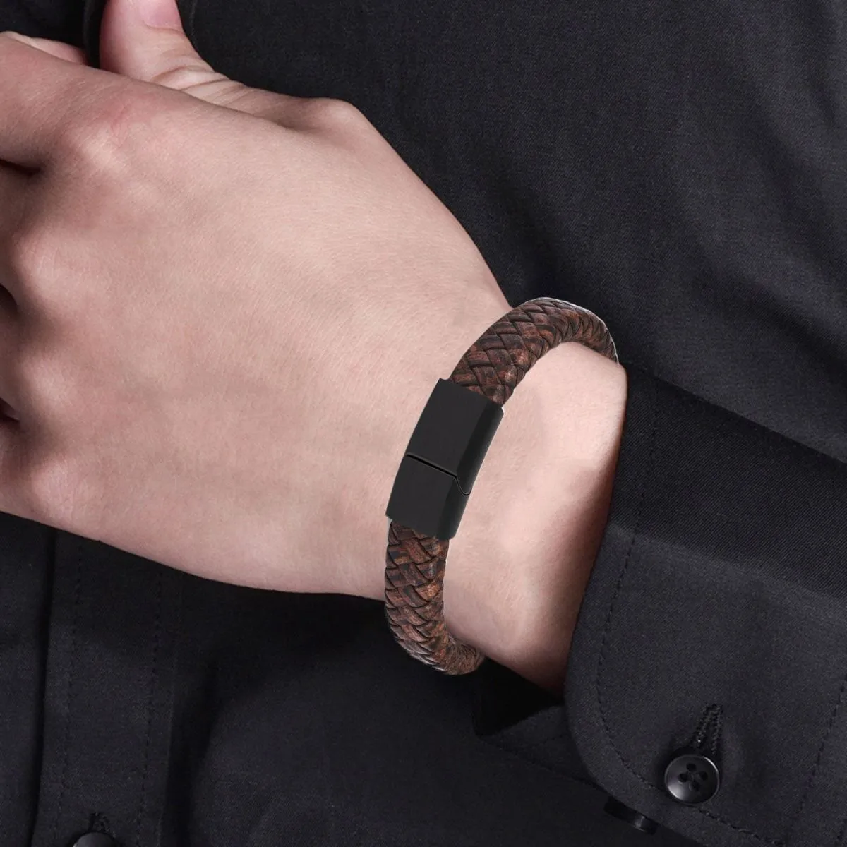 Braided Brown Leather Black Stainless Steel Wrist Band Personalized Engraved Bracelet Men