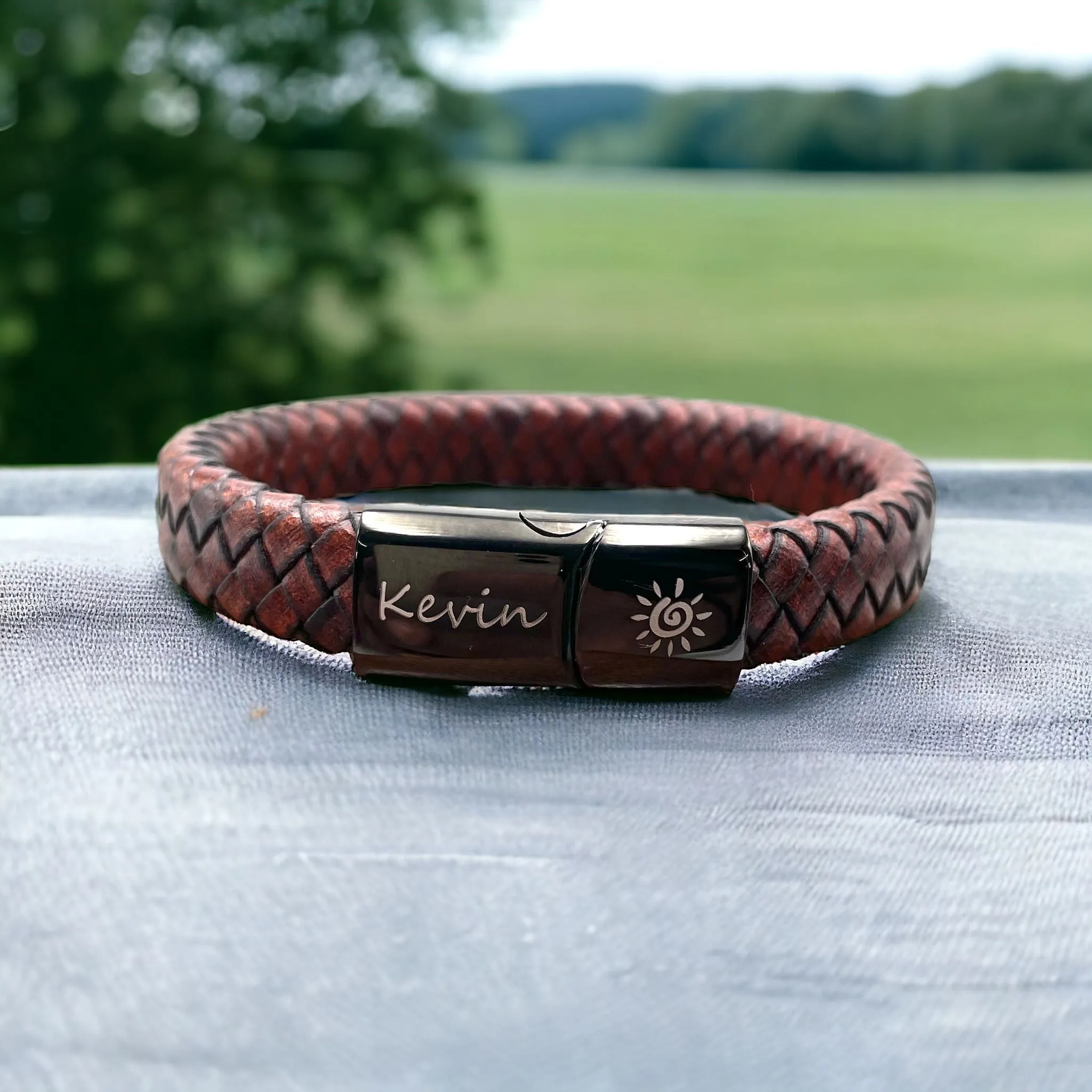 Braided Brown Leather Black Stainless Steel Wrist Band Personalized Engraved Bracelet Men