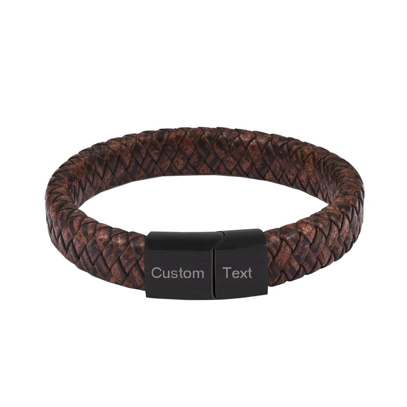 Braided Brown Leather Black Stainless Steel Wrist Band Personalized Engraved Bracelet Men