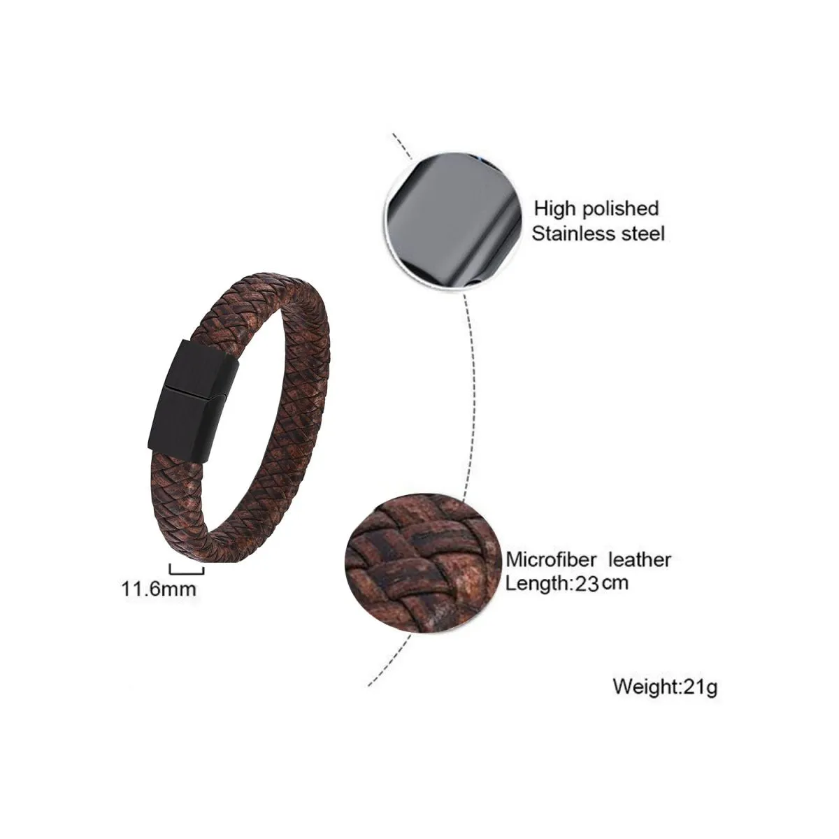 Braided Brown Leather Black Stainless Steel Wrist Band Personalized Engraved Bracelet Men