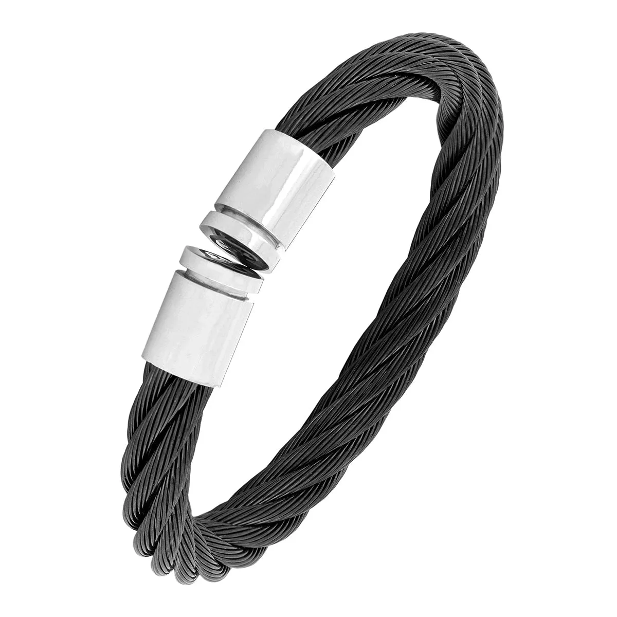 Braided Rope Black Stainless Steel Cuff Kada Bangle Bracelet Men