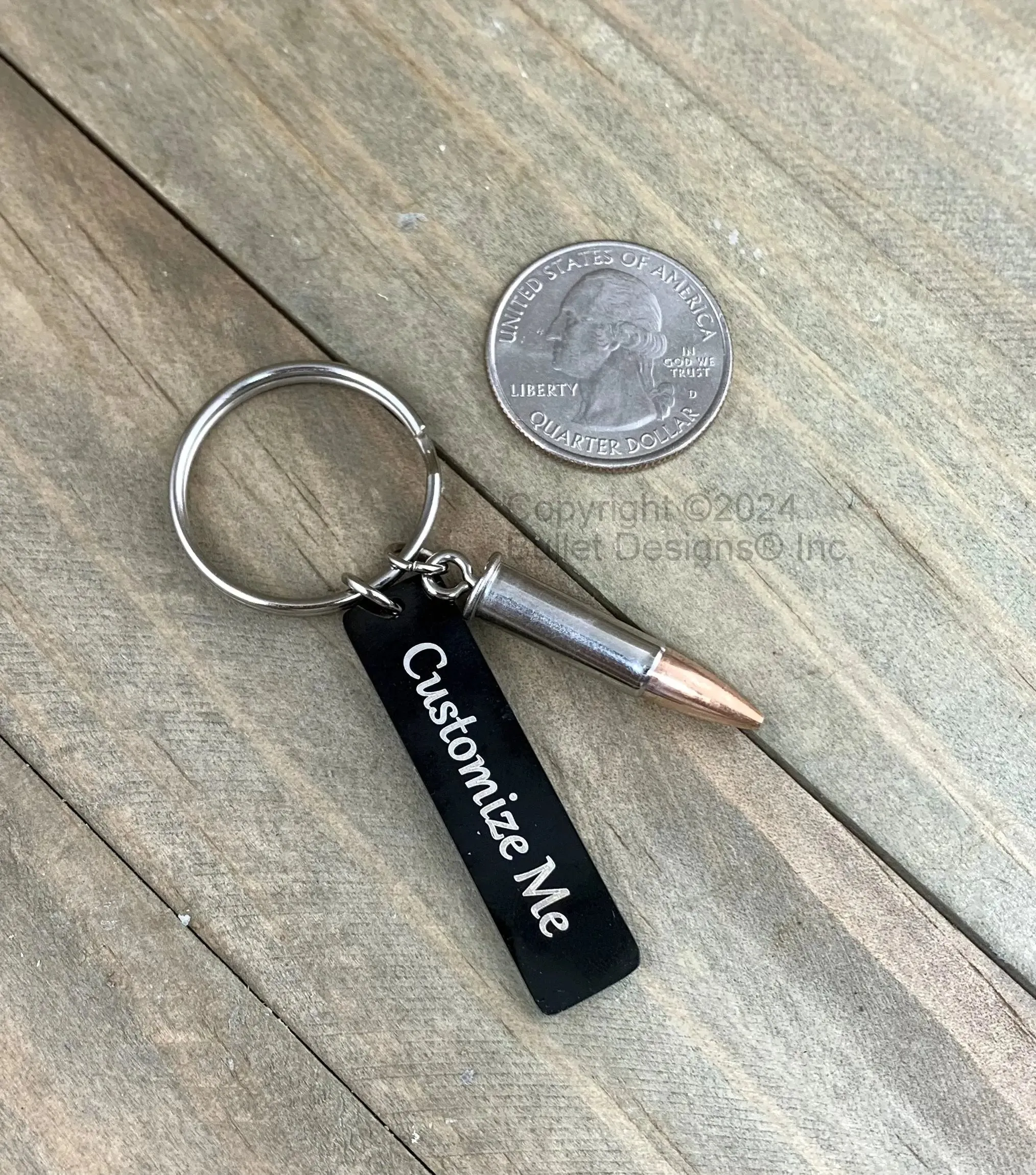 Custom Engraved Real Fired 22 Bullet & Black Tag Keychain, nickel bullet, personalized tag, overall length is appr. 2 9/16"