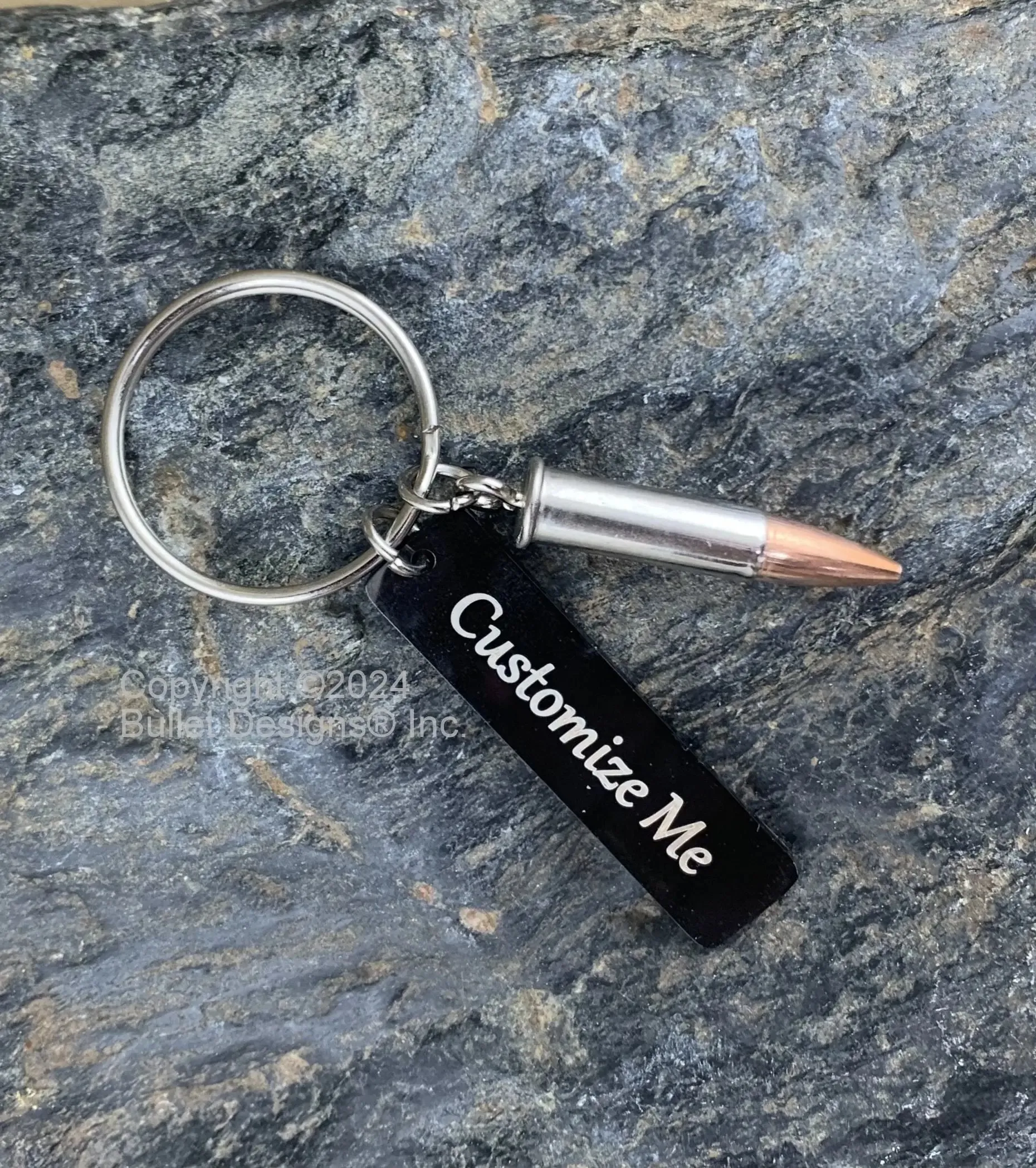 Custom Engraved Real Fired 22 Bullet & Black Tag Keychain, nickel bullet, personalized tag, overall length is appr. 2 9/16"