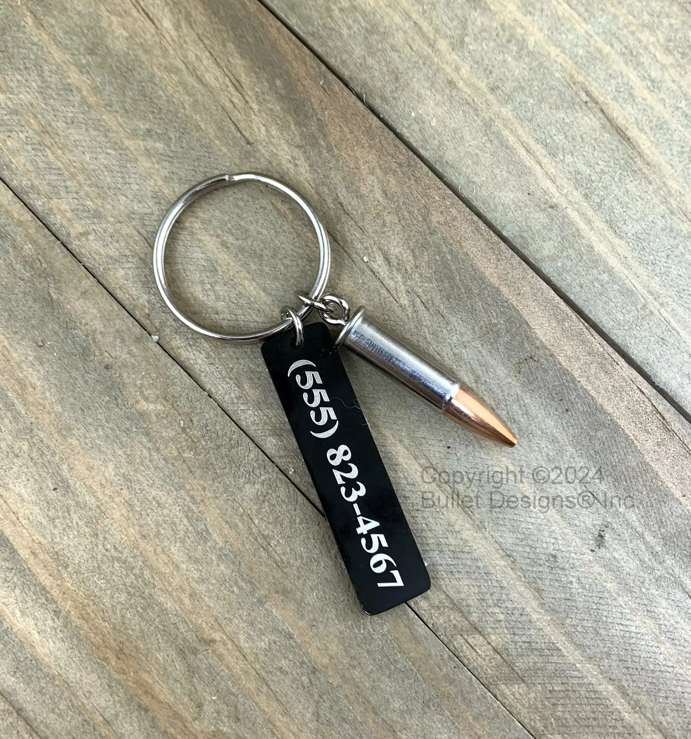 Custom Engraved Real Fired 22 Bullet & Black Tag Keychain, nickel bullet, personalized tag, overall length is appr. 2 9/16"