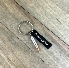 Custom Engraved Real Fired 22 Bullet & Black Tag Keychain, nickel bullet, personalized tag, overall length is appr. 2 9/16"