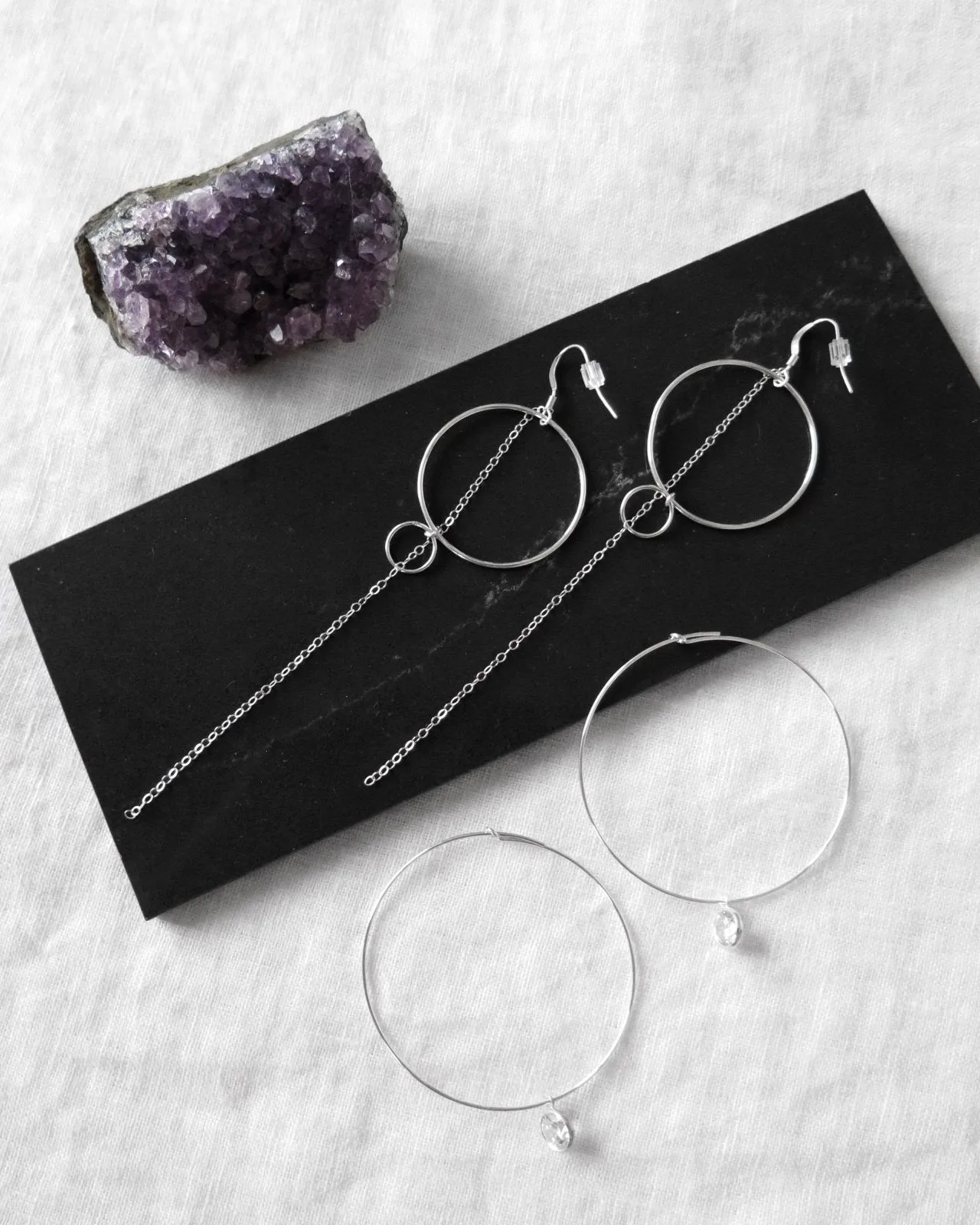 Double Ring Chain Earrings  - Sterling Silver