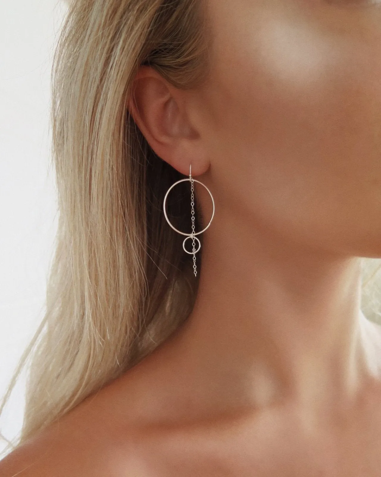 Double Ring Chain Earrings  - Sterling Silver