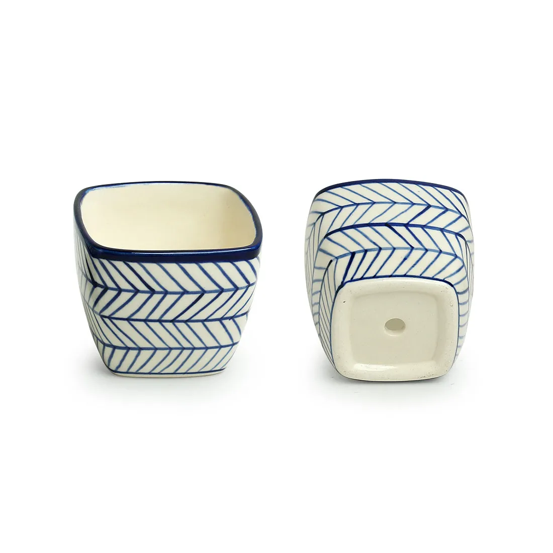 'Indigo Chevron Duo' Handpainted Ceramic Cuboidal Table Planter Pots (3.7 Inch, Set of 2)of 2)