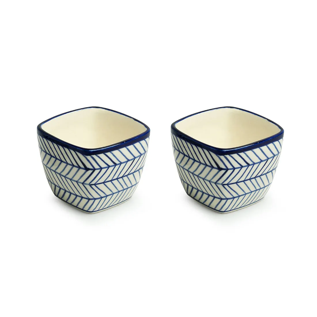 'Indigo Chevron Duo' Handpainted Ceramic Cuboidal Table Planter Pots (3.7 Inch, Set of 2)of 2)