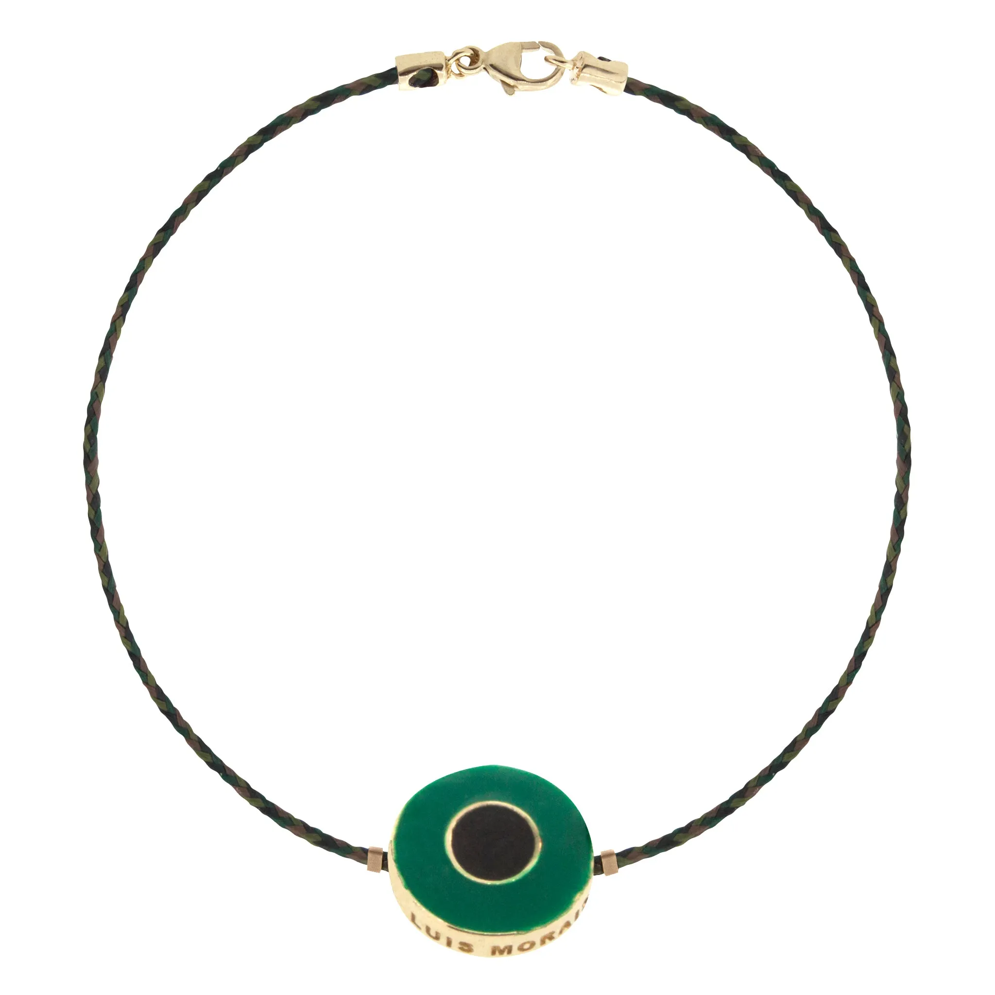 Large Gold Double-Enameled Evil Eye Disk on a Cord Bracelet With Clasp- Green/Black