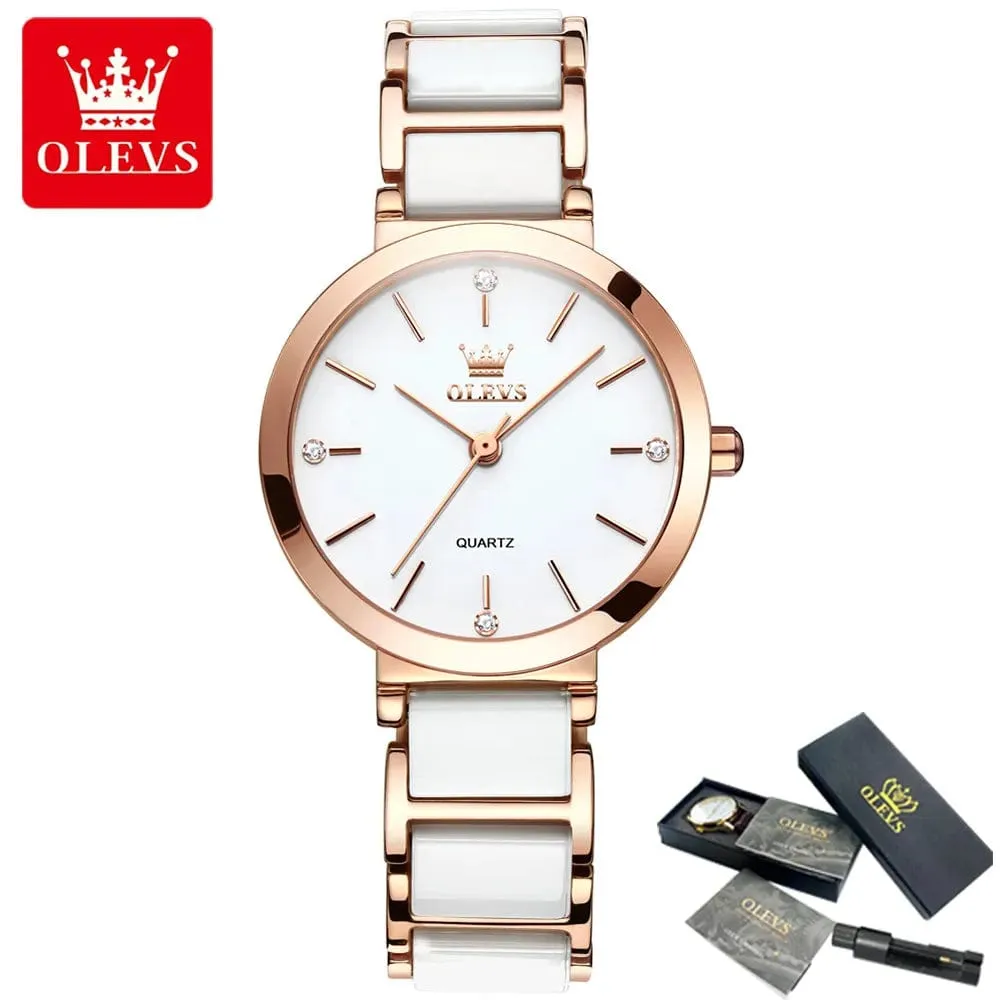 Luxury Rose Gold Elegance: Fashion Women's Quartz Wristwatch with Ceramic Bracelet Design