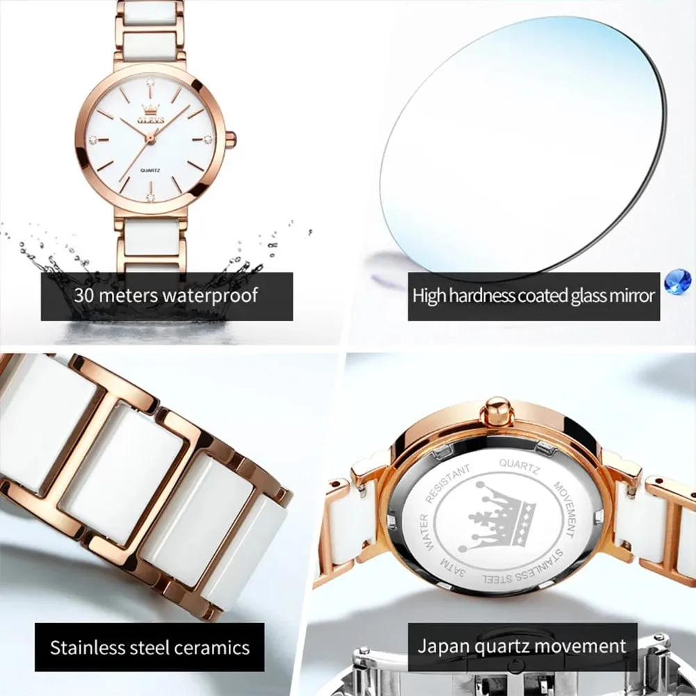 Luxury Rose Gold Elegance: Fashion Women's Quartz Wristwatch with Ceramic Bracelet Design