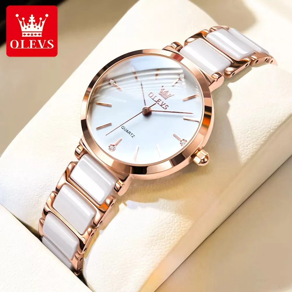 Luxury Rose Gold Elegance: Fashion Women's Quartz Wristwatch with Ceramic Bracelet Design