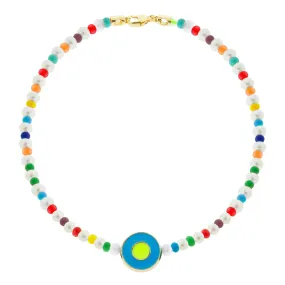 Neon Blue Enameled Evil Eye Disk Beaded Bracelet with Clasp