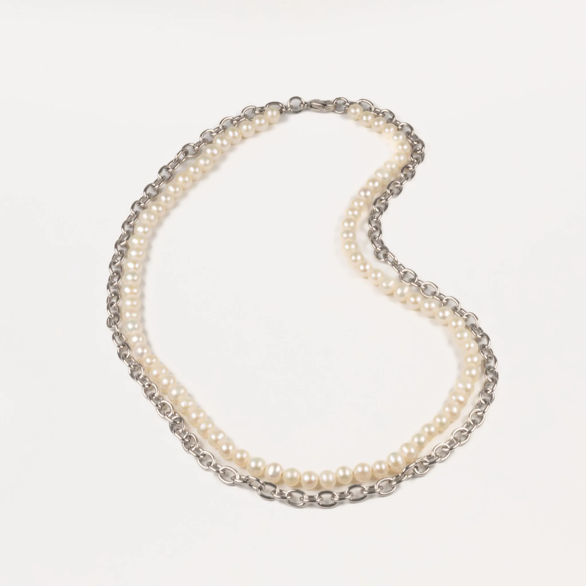 Stainless Steel and White Freshwater Pearl Double Link Necklace