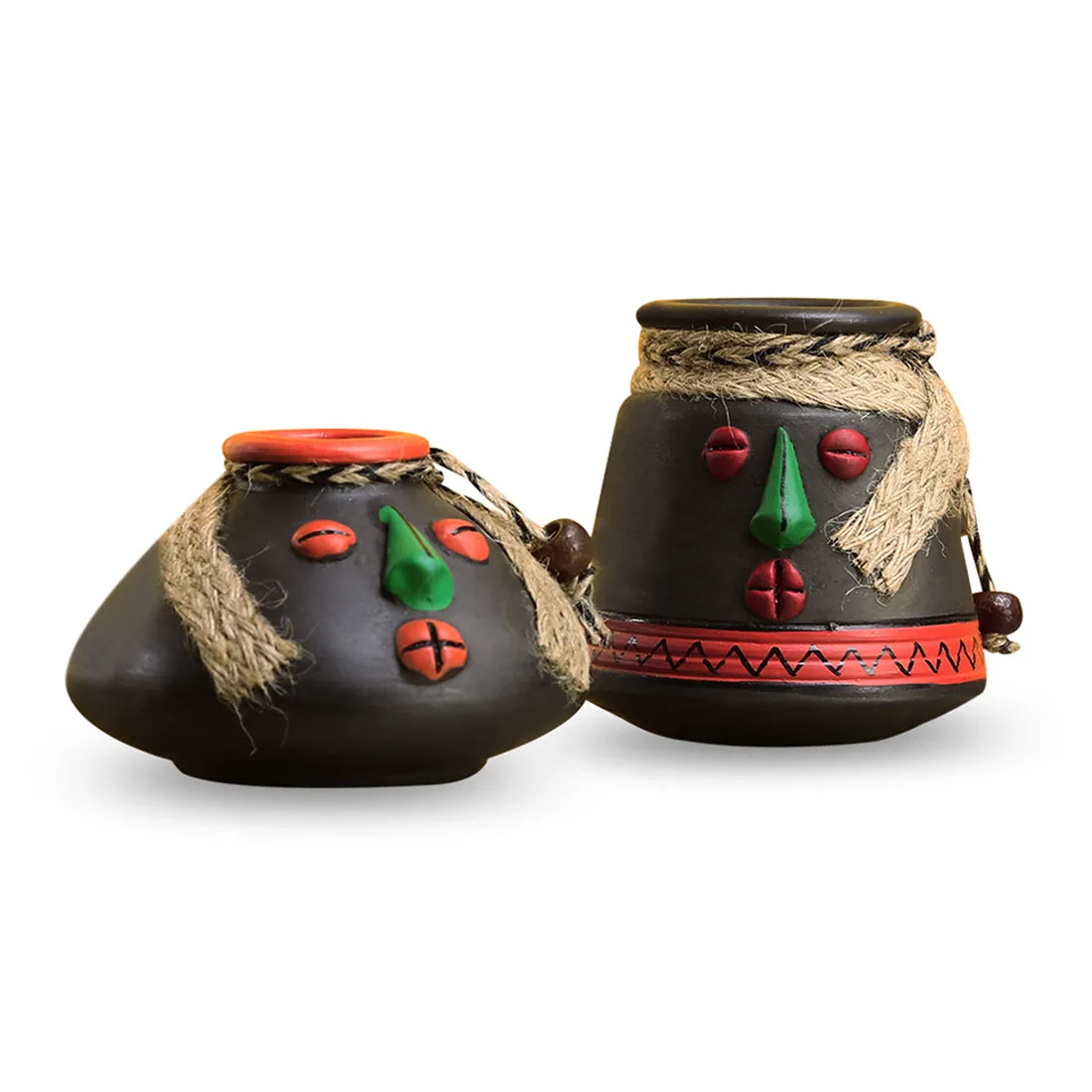 'Tribal Rustic Pot-Faces' In Terracotta with Jute Detailing Pots Showpieces (Set Of 2)