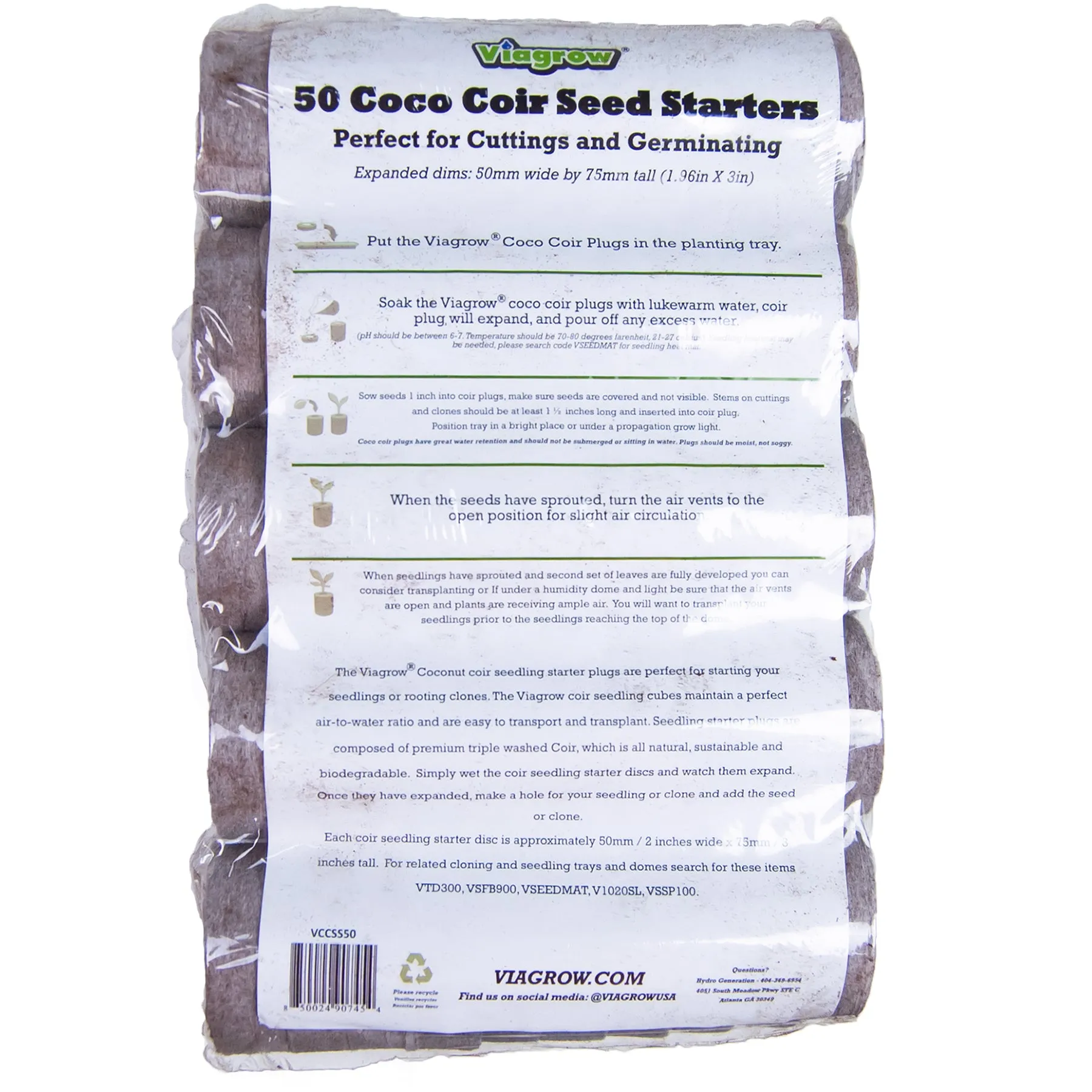 Viagrow Coco Coir Seed Starter Plugs 50 Per Pack, Expandable Coco Discs 50mm (Case of 14)